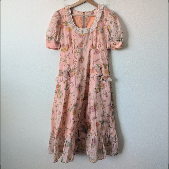 Vintage 50s-60s Empire Waist Dress Lace Pockets Floral Pink Hyper Feminine Girly - Picture 7 of 13